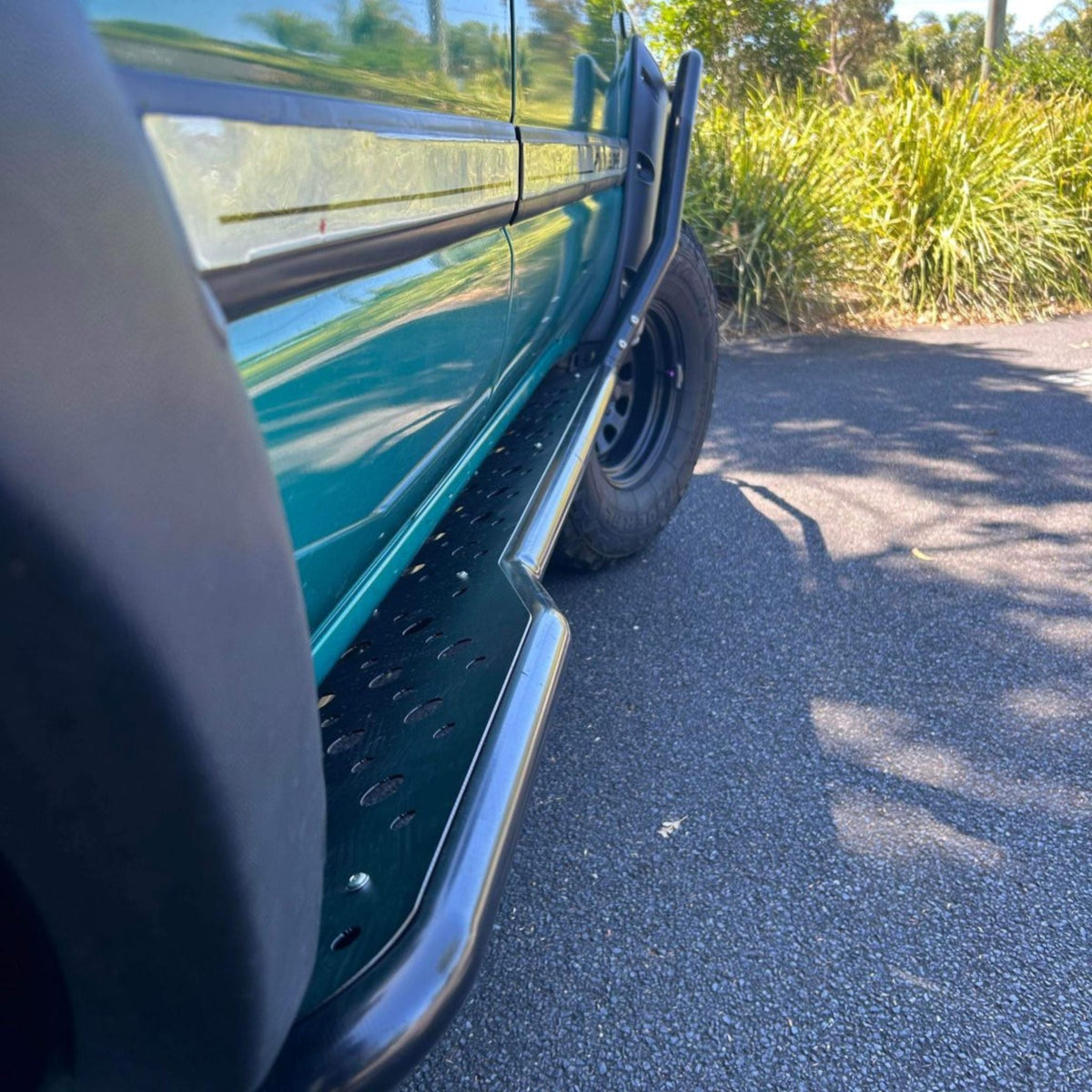 80 Series Toyota LandCruiser Revolution Rock Sliders & Rails - 1997 / Black Checker Plate Tops / No Scrub Rails