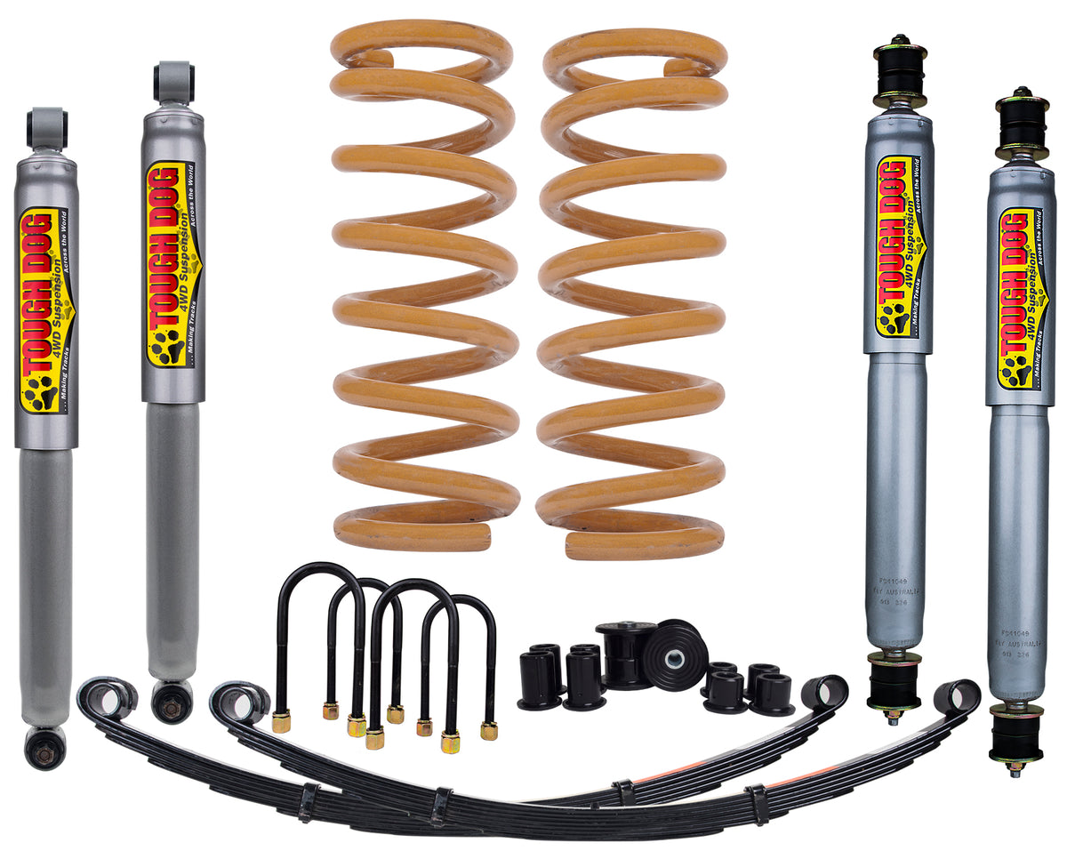 Tough Dog 40mm Adjustable Suspension Kit – Toyota Landcruiser – Heavy Rear Load 800kg+ Constant – Bullbar + Winch / V8 & 2.8L 4CYL / V8 & 2.8L 4CYL UP to 08/16 +more