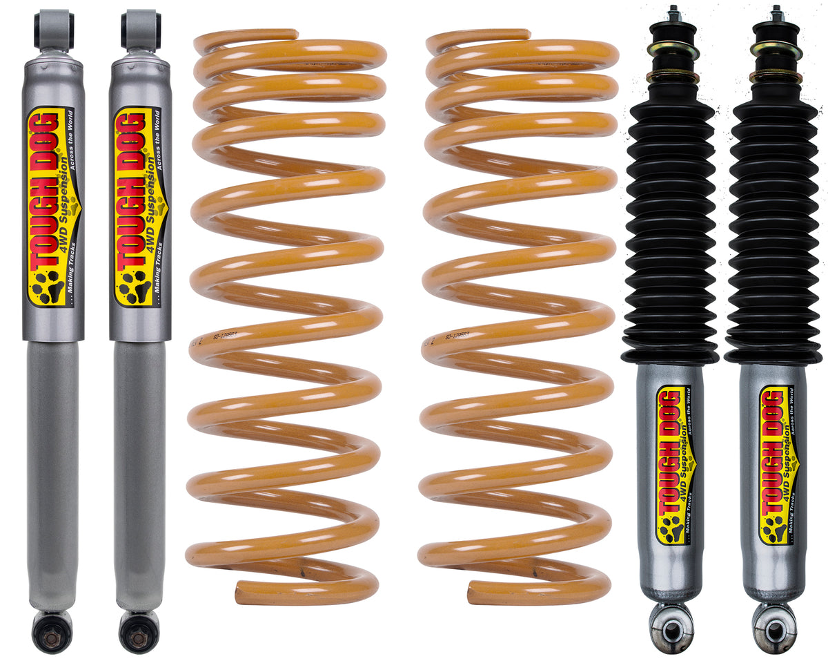 Tough Dog 40mm Adjustable Suspension Kit – Mitsubishi Pajero / Montero – Medium Rear Load 300kg+ Constant – With OE Steering Damper Mounts / No Bullbar / Alloy Bullbar / Steel Bullbar +more