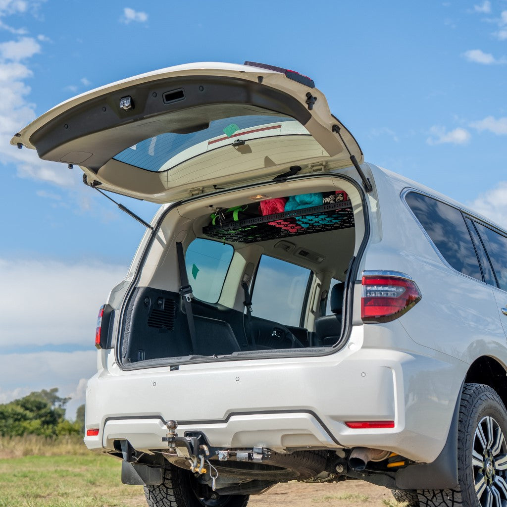 Rear Roof Parcel Shelf For Nissan Y62 Patrol 2010+ - Parcel Shelf + (1 x Small + 1 x Medium + 1 x Large + 1 x Extra Large Wildtrak Canvas Bag)