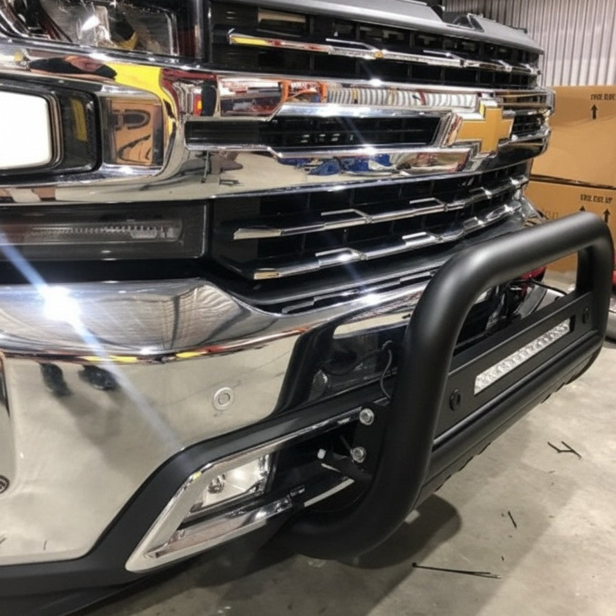 Black Nudge Bar with DBL Row Light Bar suits Chev 1500 (19-26) by AMTRUX